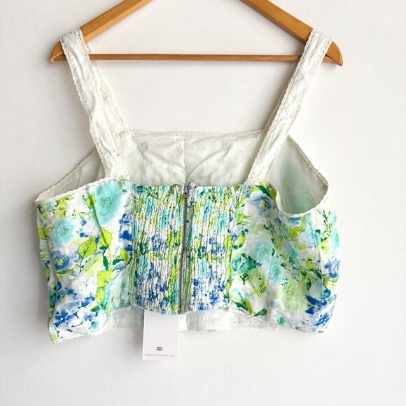 Caroline Constas Linen Floral Blue Green Cropped Top XL - Picture 4 of 7